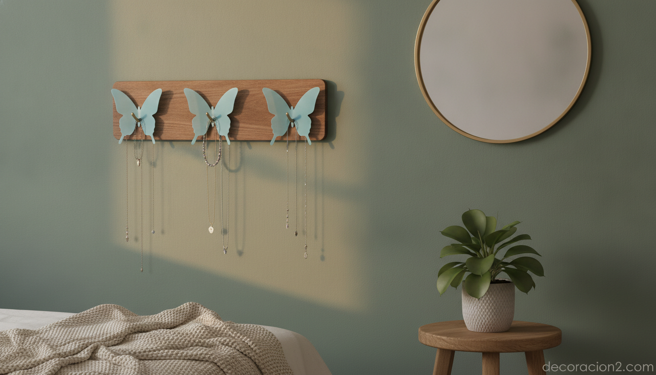 Perchero de mariposas usado como organizador de collares en un dormitorio