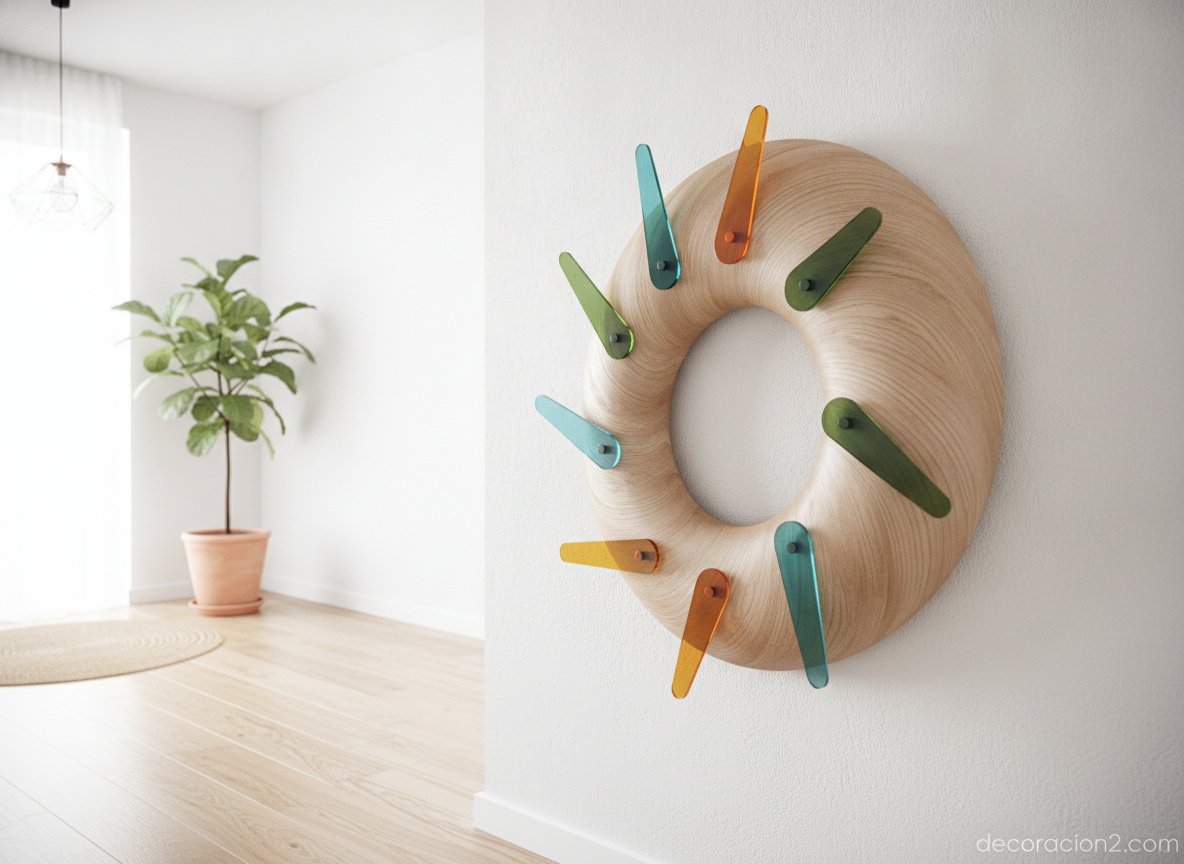 Perchero de pared con forma orgánica y colgadores de colores en un recibidor nórdico