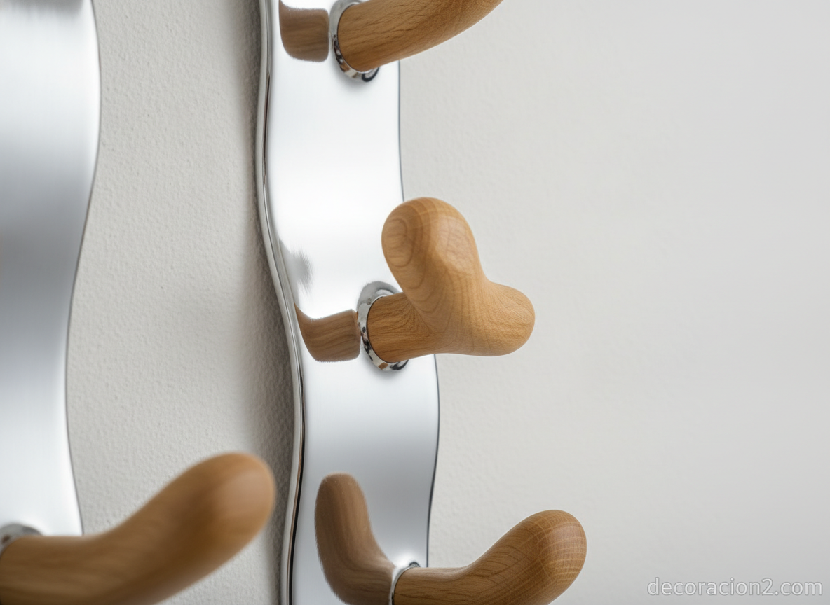 Detalle de perchero de pared de aluminio cromado con colgadores de madera