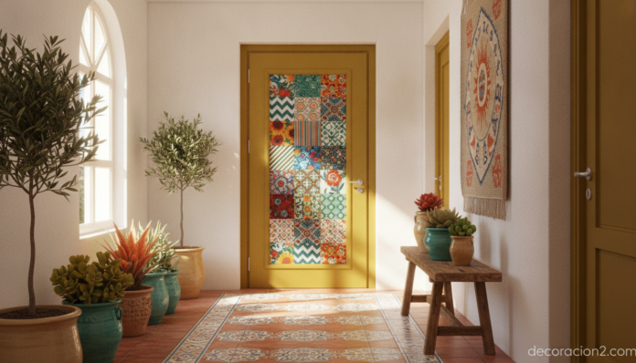 A bright, cheerful home hallway with a beautifully personalized interior door painted in a bold mustard yellow color, deco... Puerta de interior personalizada en color mostaza con panel de tela decorativa