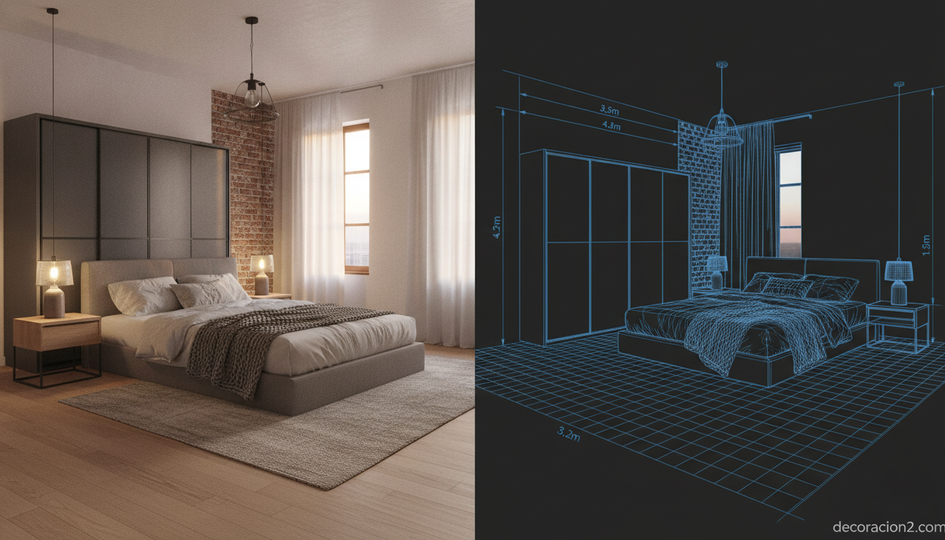 Dormitorio comparado entre vista real y modelo 3D de un planificador de interiores