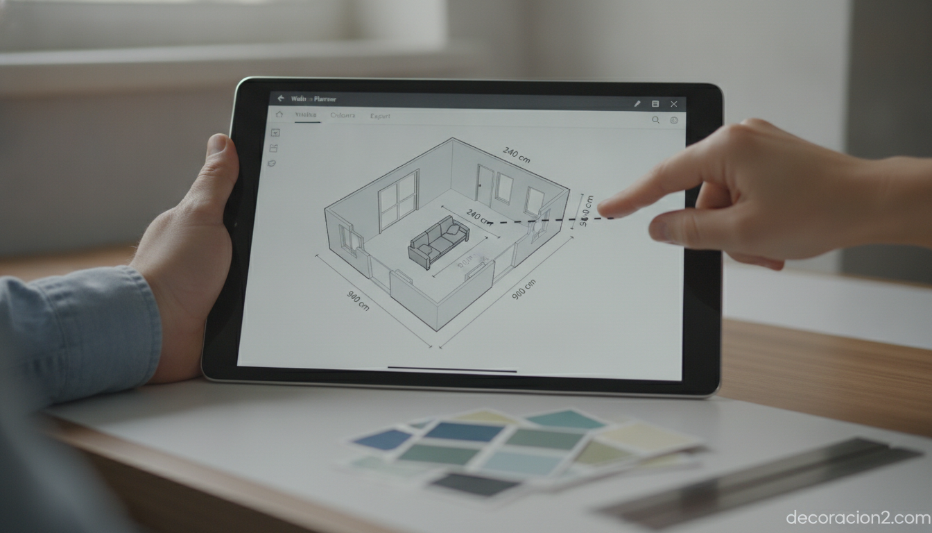 Persona usando una app de planificador 3D en una tableta para colocar muebles a escala