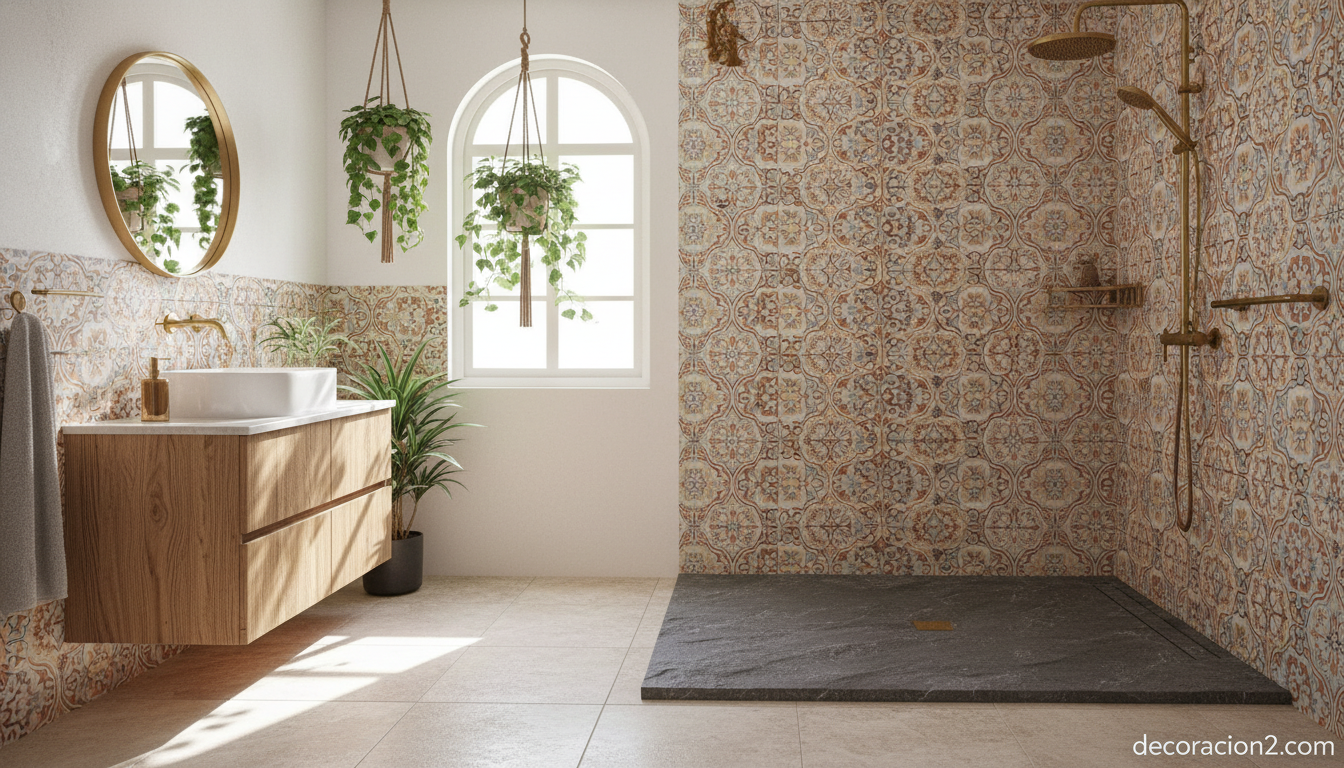 Plato de ducha de diseño estilo piedra en un baño mediterráneo