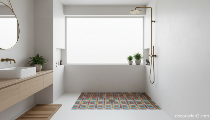 Plato de ducha Showart con estampado colorido en un baño moderno de diseño