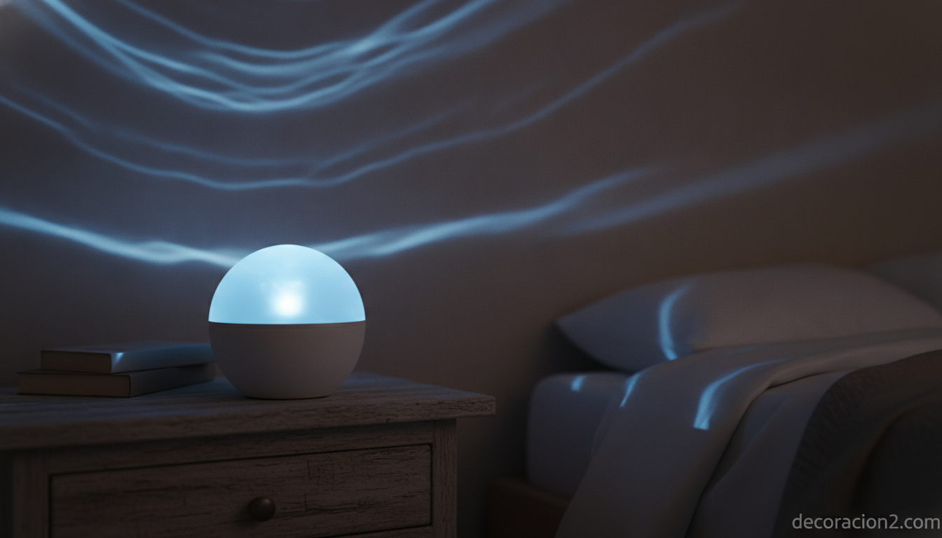 Proyector de olas del mar reflejando luz azul en el techo del dormitorio