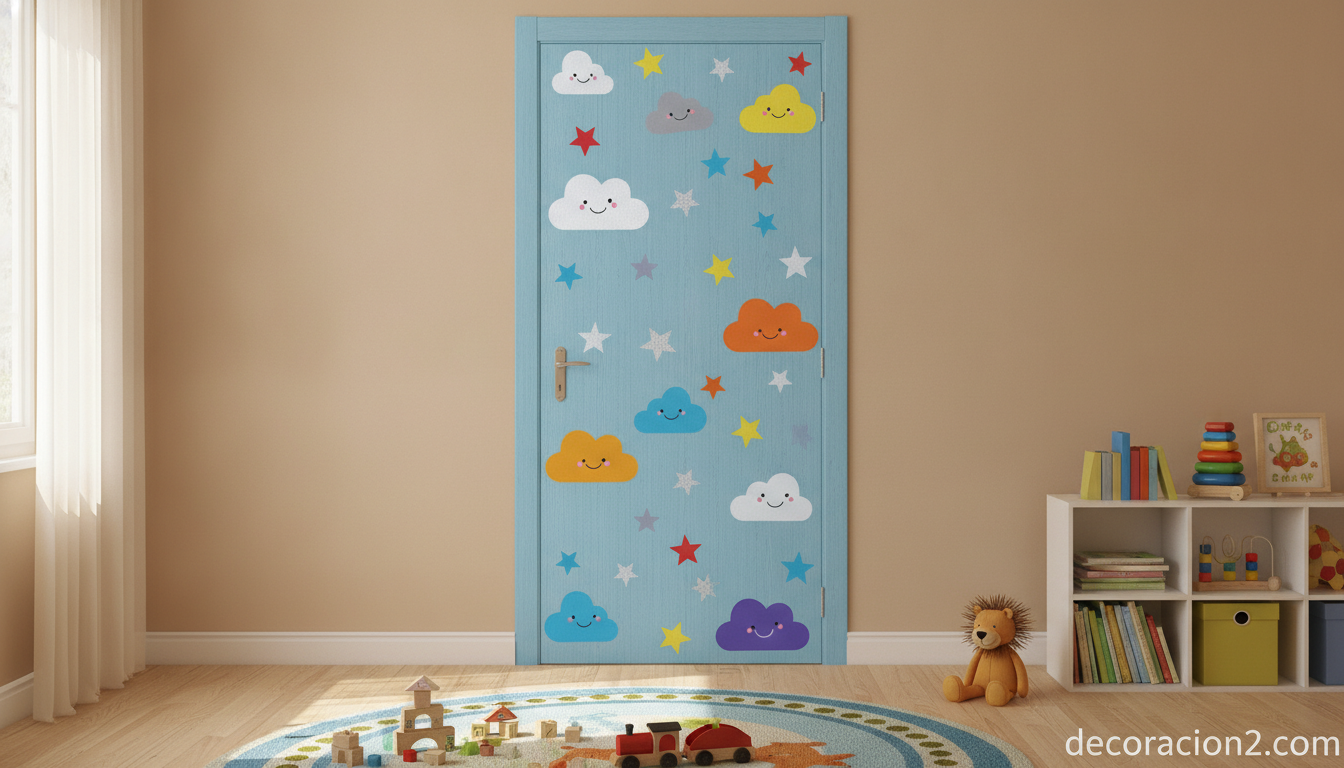 Cómo personalizar las puertas de tu hogar: ideas para decorarlas 8 Puerta infantil decorada con vinilos adhesivos de colores en una habitación de niños