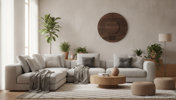 Reproductor de audio camuflado en madera integrado en la decoración de un salón moderno