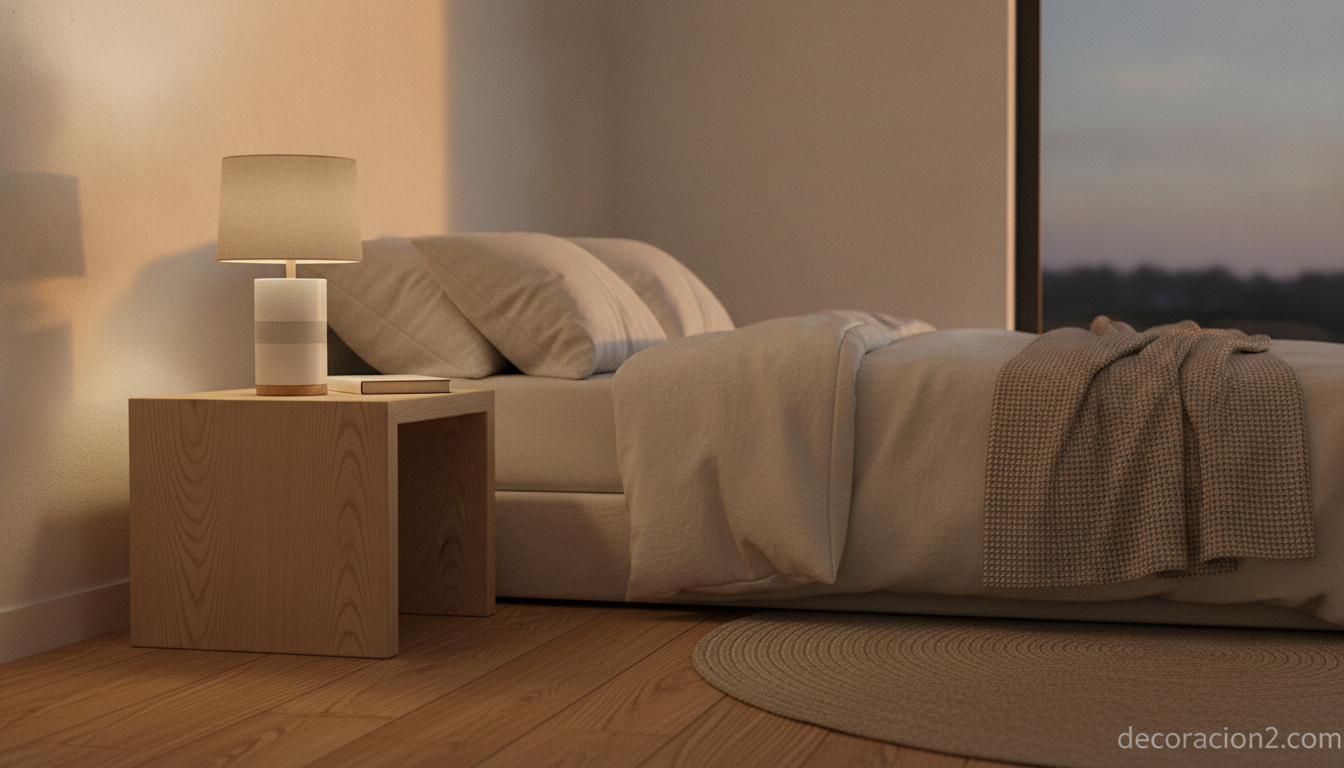 Reproductor de audio discreto sobre la mesita de un dormitorio de estilo nórdico