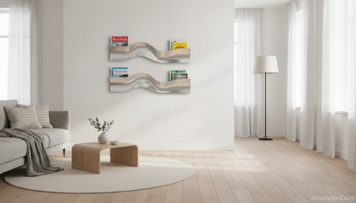 A modern Scandinavian living room with a wavy wall-mounted aluminium magazine rack hanging on a white wall next to a comfo... Revistero de pared de aluminio con forma ondulada en un salón nórdico moderno