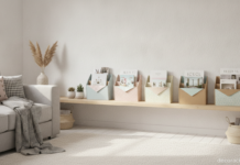 Revisteros con cajas de cereales decorados sobre una estantería de salón