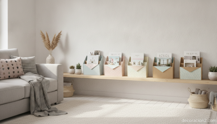 Revisteros con cajas de cereales decorados sobre una estantería de salón