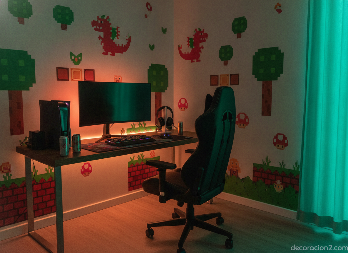 Rincón gamer en casa con pared decorada con vinilos retro de videojuegos