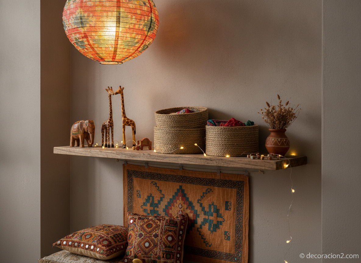 Rincón decorativo infantil con complementos étnicos de inspiración india