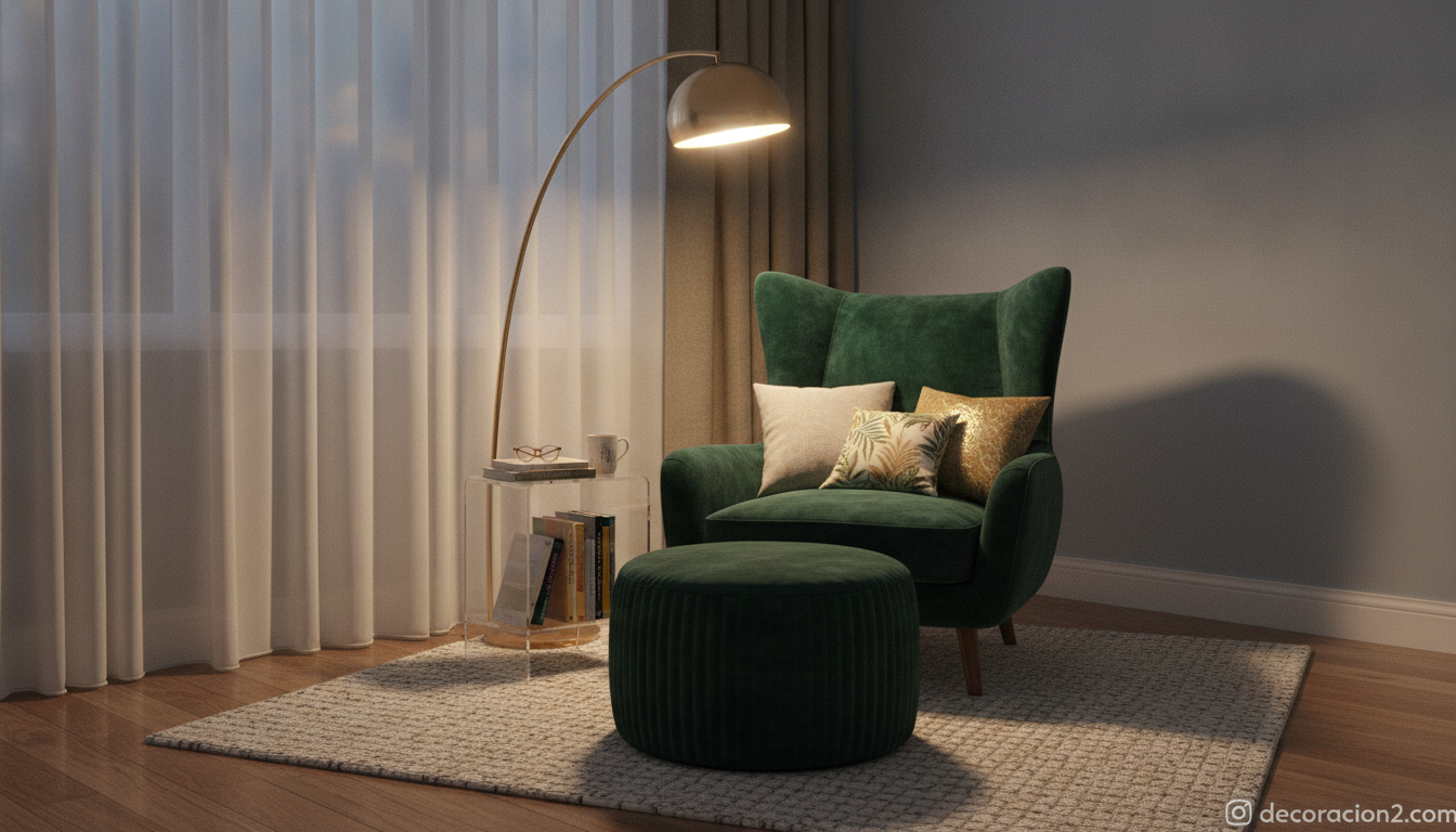 Sillón para lectores: cómo elegir el asiento perfecto para tu rincón de lectura 8 Rincón de lectura en dormitorio con sillón de terciopelo verde, puff reposapiés y lámpara de pie