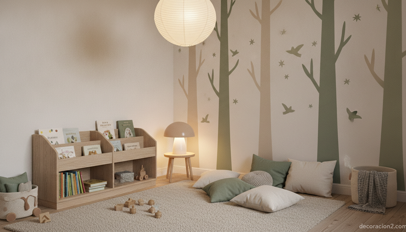 Rincón de lectura infantil con vinilos de bosque y estrellas