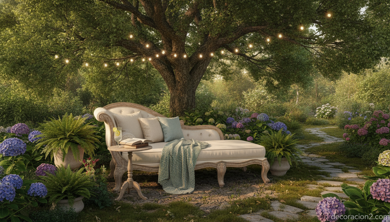 Rincón de lectura en el jardín con chaise longue a la sombra de un árbol