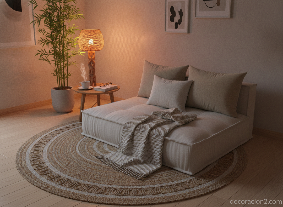 Rincón de relax con módulo puf del sofá oriental y luz cálida estilo japandí