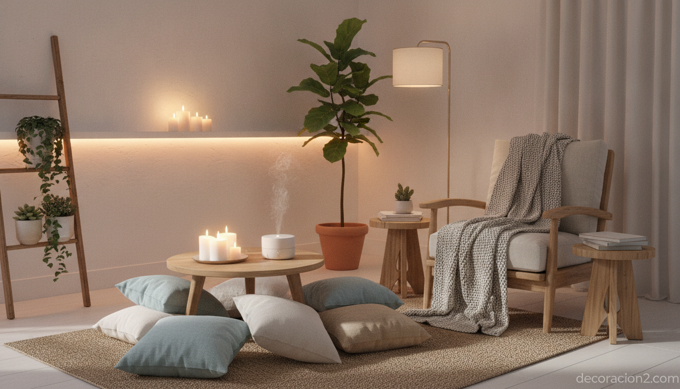 Rincón de relax en el salón con velas, textiles suaves y luz cálida