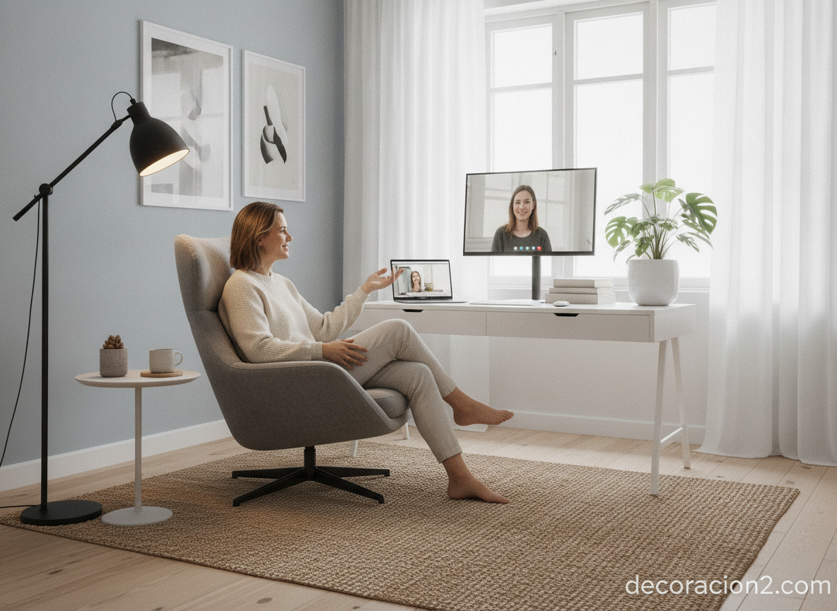 Sillón para trabajar en casa: comodidad y ergonomía para el teletrabajo 4 Rincón de teletrabajo de estilo nórdico con sillón ergonómico y lámpara de pie
