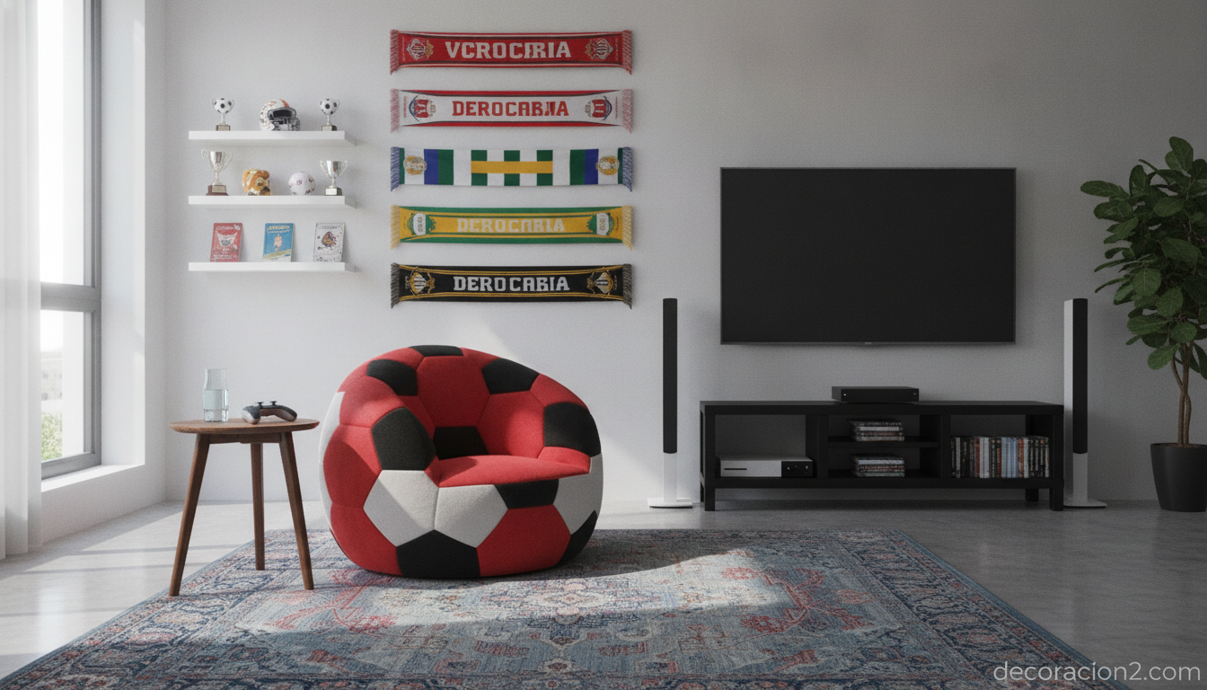 Sala de juegos juvenil decorada con un sillón balón rojo y recuerdos deportivos