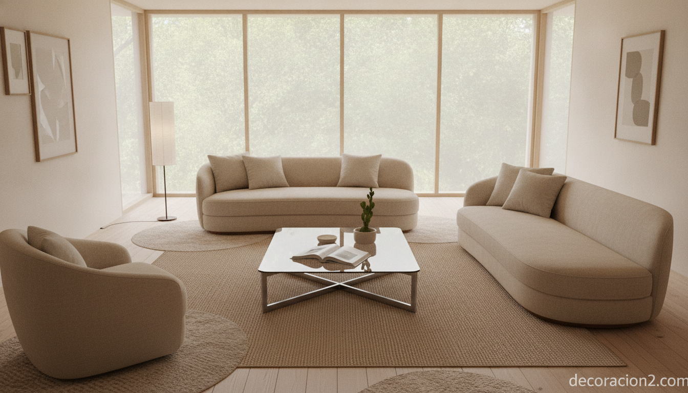 Salón minimalista con una mesa de centro de cristal y acero como punto focal junto al sofá