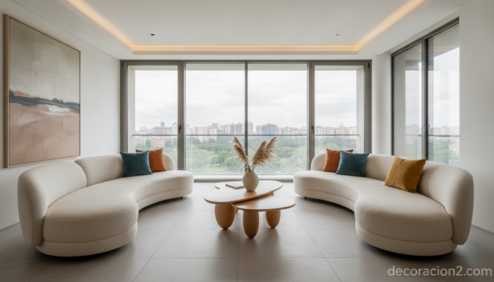 Salón vanguardista moderno con sofás de líneas suaves dispuestos para la conversación