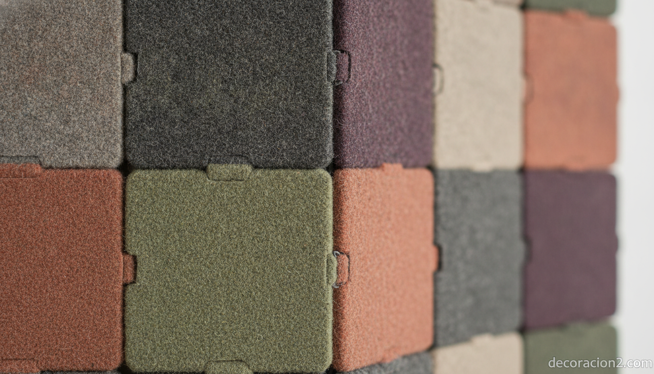 Separador de ambientes hecho con piezas de alfombra reciclada de colores