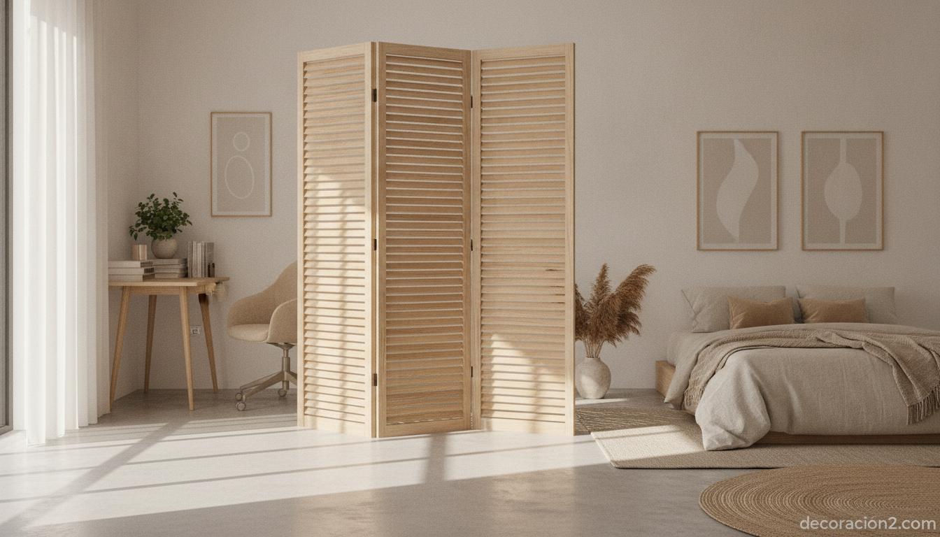 Biombo de madera plegable separando un dormitorio de la zona de trabajo