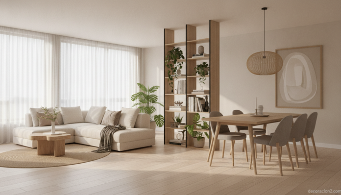 Salón moderno con un separador de ambientes que divide la zona de estar del comedor
