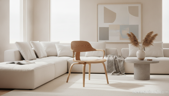 A warm interior lifestyle photograph of an elegant minimalist wooden chair with clean lines placed in a bright modern livi... Silla de diseño de madera con almacenaje oculto en un salón moderno