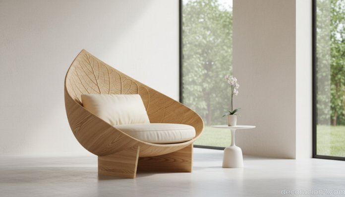Silla con forma de hoja de roble en un salón minimalista luminoso