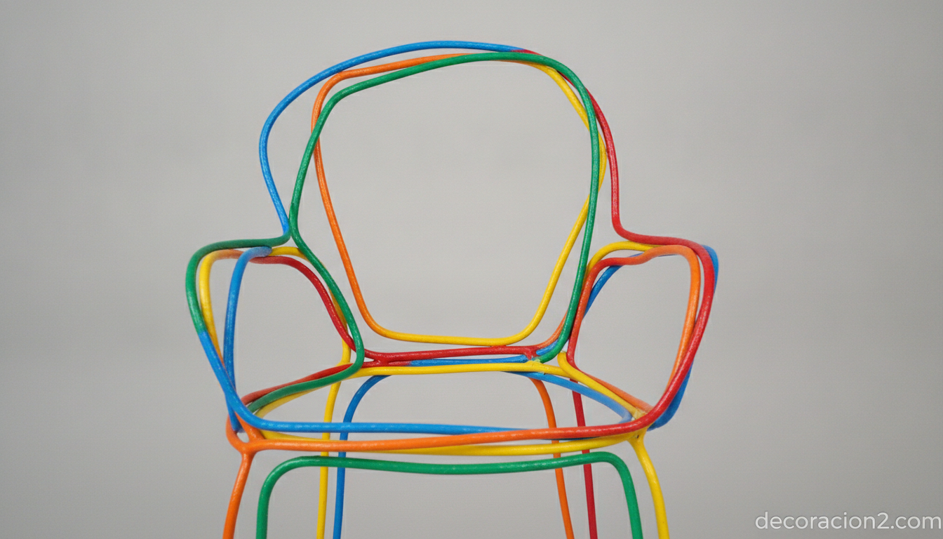 Detalle de una silla con forma de garabato infantil en acero de color