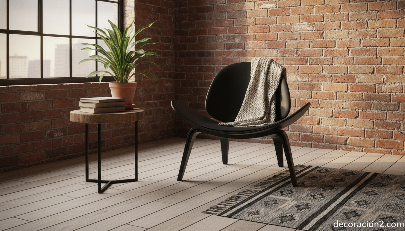Silla con forma de hoja en acabado negro en un rincón de lectura de estilo nórdico