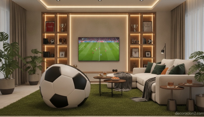 Salón moderno con un sillón balón de cuero frente al televisor para ver el fútbol