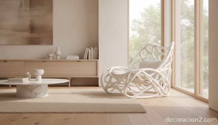 Sillón con forma de nido de diseño orgánico en un salón moderno