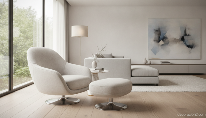 A wide editorial interior photograph of a contemporary living room featuring a designer swivel armchair with a matching fo... Sillón giratorio de diseño Dolce Vita en un salón contemporáneo