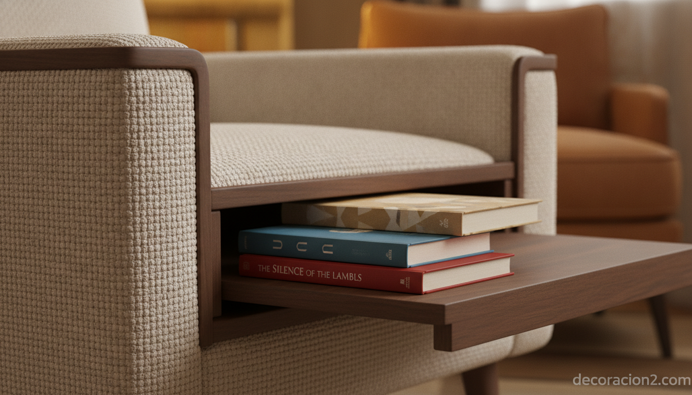 Sillón para lectores: cómo elegir el asiento perfecto para tu rincón de lectura 7 Detalle del reposabrazos con revistero y almacenaje integrado de un sillón de lectura
