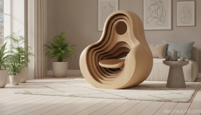 Sillón Magic de madera, un mueble que ahorra espacio con diseño matrioska en un salón nórdico