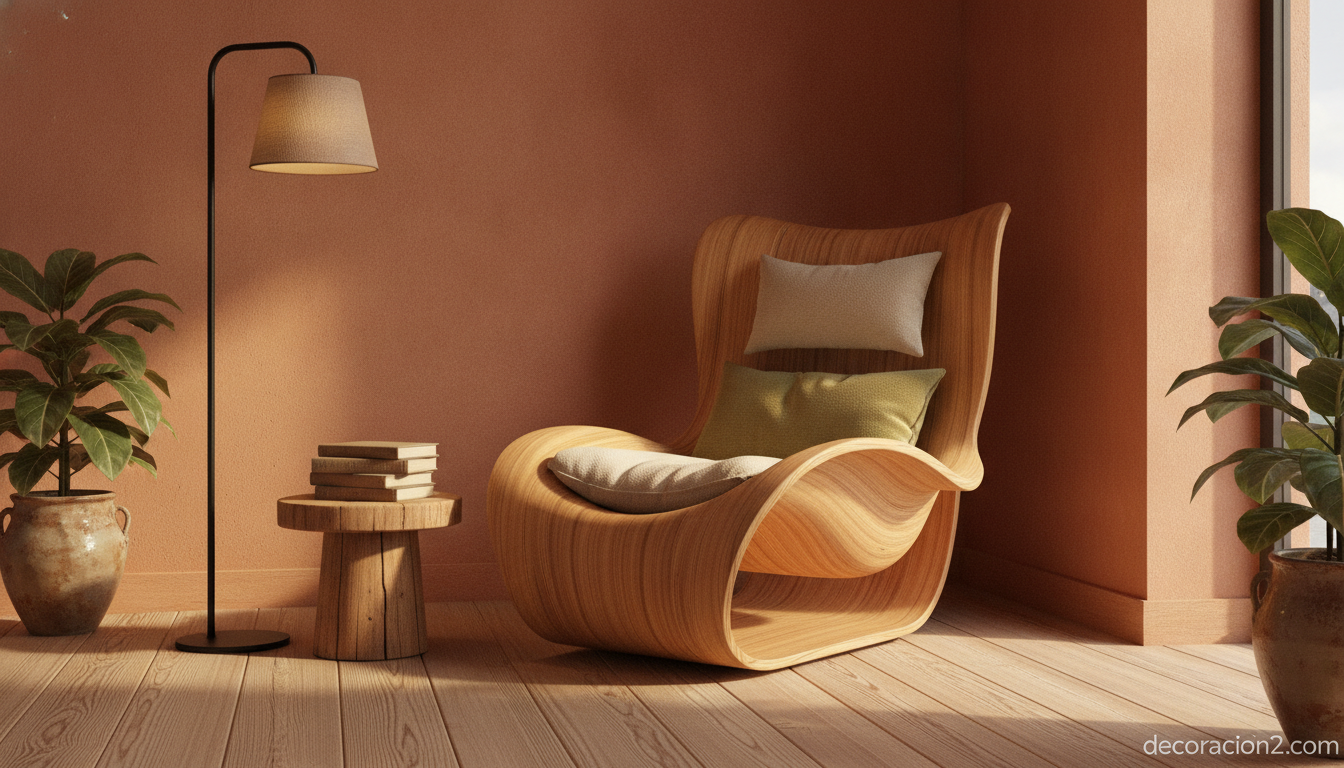 Sillón orgánico en madera curvada en un ambiente nórdico cálido