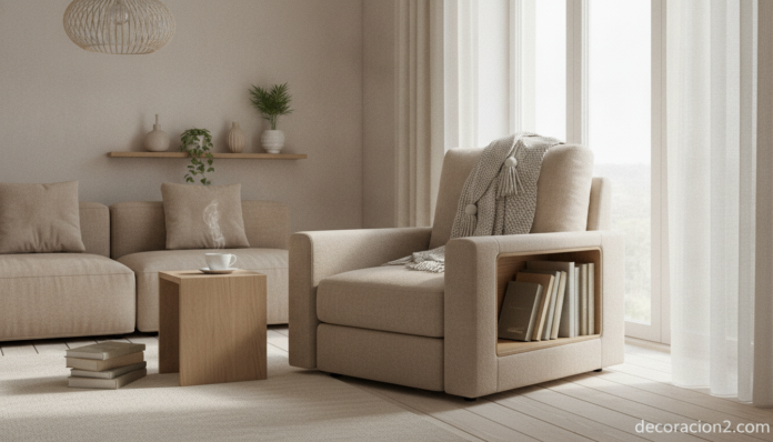 A cozy reading nook in a warm, modern Scandinavian living room. A comfortable upholstered reading armchair in soft beige f... Sillón para lectores en un rincón de lectura junto a la ventana con almacenaje para libros