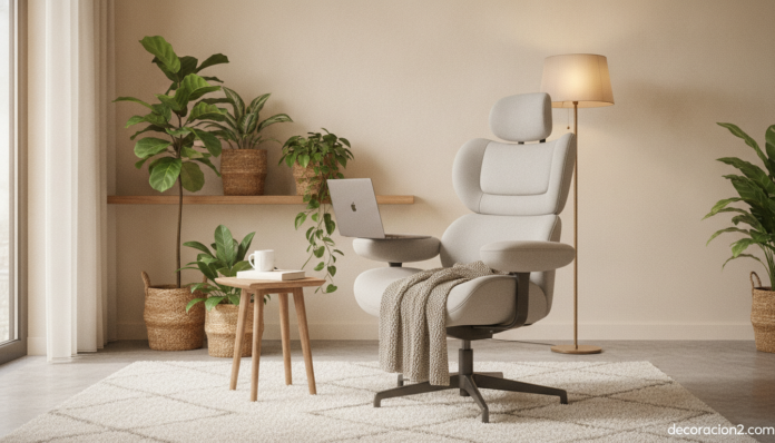 A cozy modern living room corner set up as a home office nook, with a comfortable ergonomic work armchair next to a window... Sillón para trabajar en casa en un rincón de teletrabajo junto a la ventana