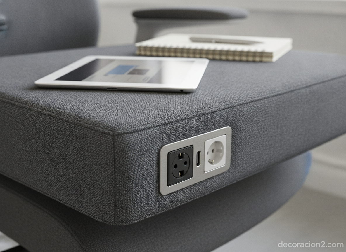 Sillón para trabajar en casa: comodidad y ergonomía para el teletrabajo 3 Detalle del reposabrazos ancho con toma de corriente integrada del sillón de trabajo