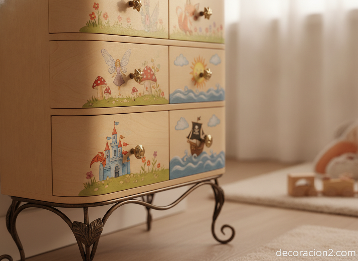Sinfonier infantil de diseño: el modelo Gastón inspirado en cuentos 5 Detalle de los cajones ilustrados y las patas de hierro de un sinfonier infantil