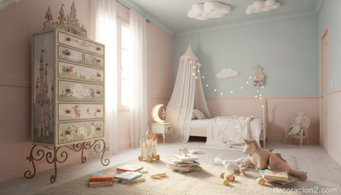 A whimsical children's bedroom featuring a tall, narrow designer chest of drawers (sinfonier) inspired by fairy tales, wit... Sinfonier infantil de diseño inspirado en cuentos en una habitación de niños