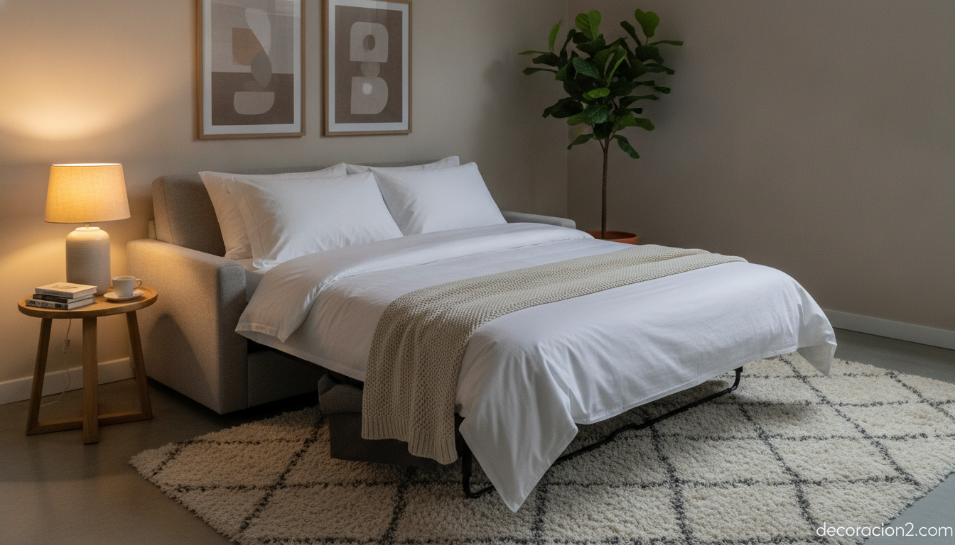 Sofá cama abierto como cama de matrimonio en un dormitorio acogedor