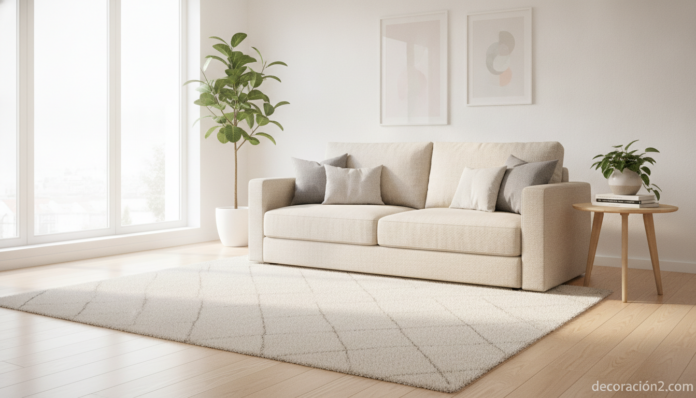 A bright modern living room featuring an elegant convertible sofa bed with clean straight lines in a light neutral fabric,... Sofá cama Book de Flou en un salón moderno y luminoso