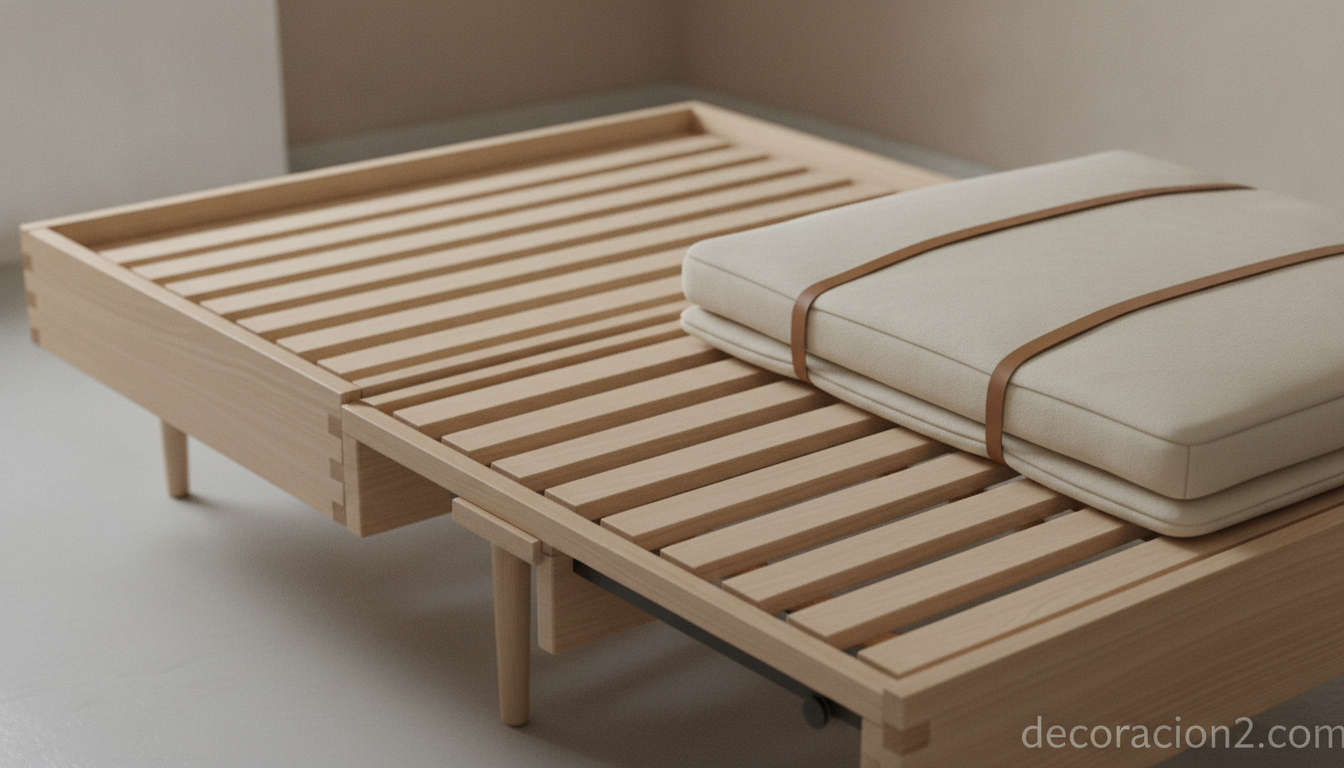 Detalle del somier de madera deslizante del sofá cama
