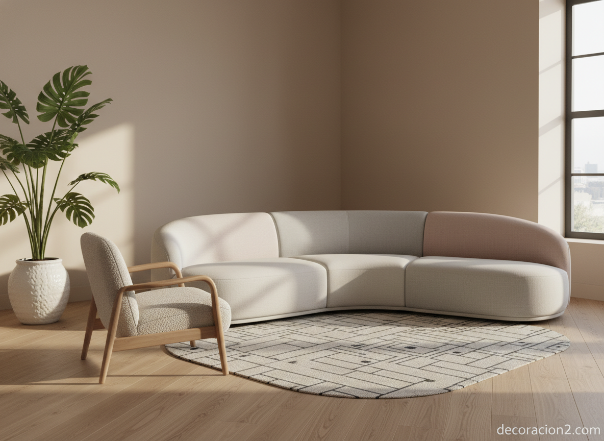 Sofá de diseño integrado en un salón nórdico de tonos neutros