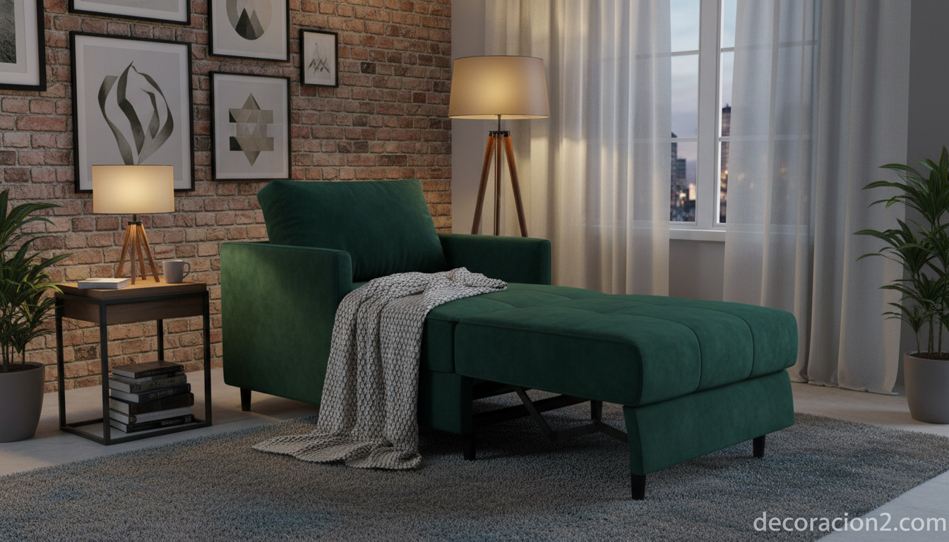 Sofá Downtown en posición chaise longue tapizado en verde botella en un apartamento moderno