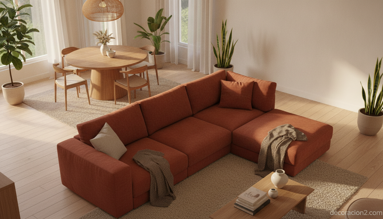 Sofá modular en forma de L separando el salón del comedor en un espacio abierto